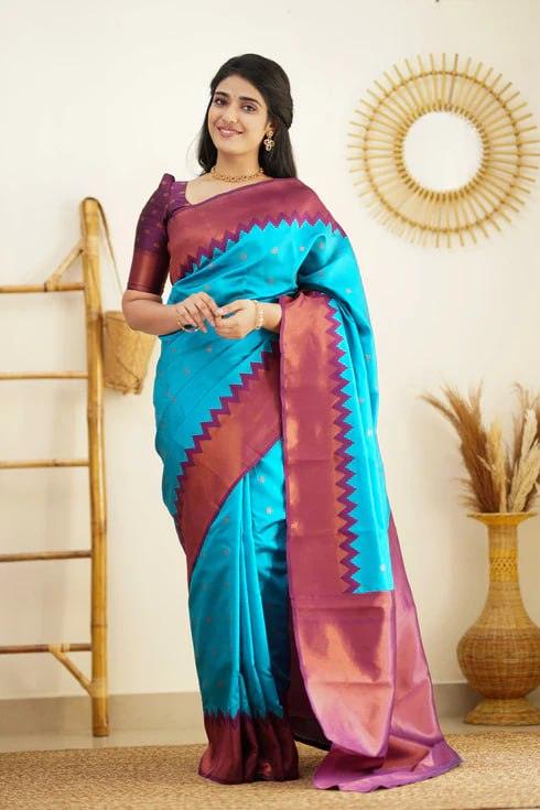 Blue Jacquard Work Soft Lichi Silk Saree - Ibis Fab