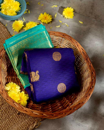 Blue Soft Banarasi Silk Saree With Ethnic Blouse Piece