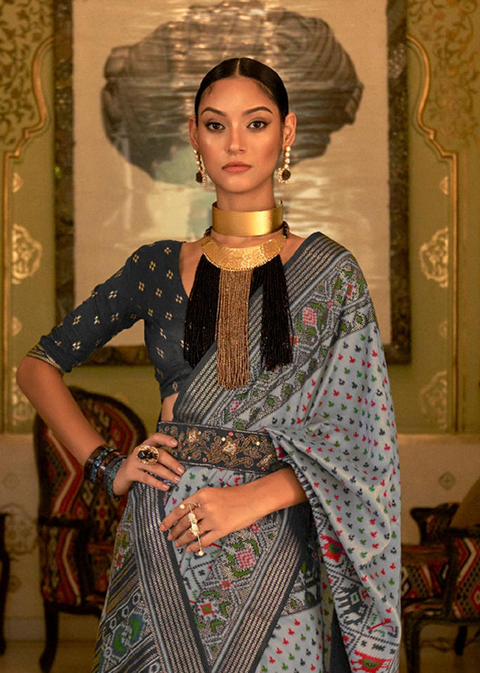 Breathtaking Gray Colored Printed Pure Soft Silk Saree