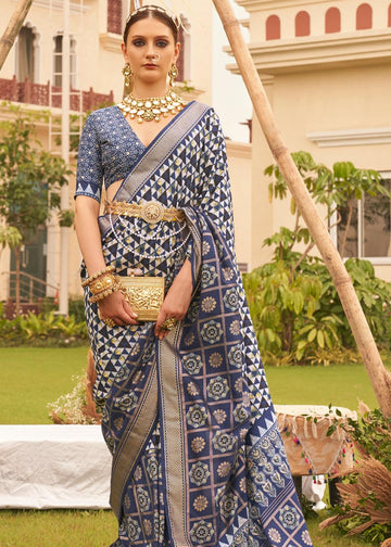 Breathtaking Navy Blue And White Colored Printed Pure Soft Silk Saree