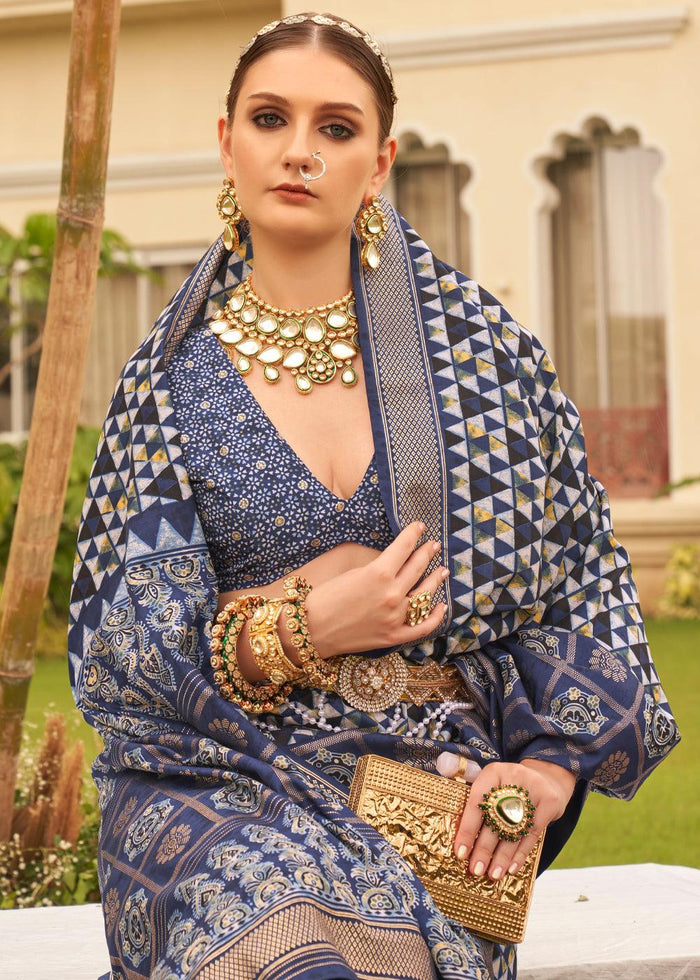 Breathtaking Navy Blue And White Colored Printed Pure Soft Silk Saree