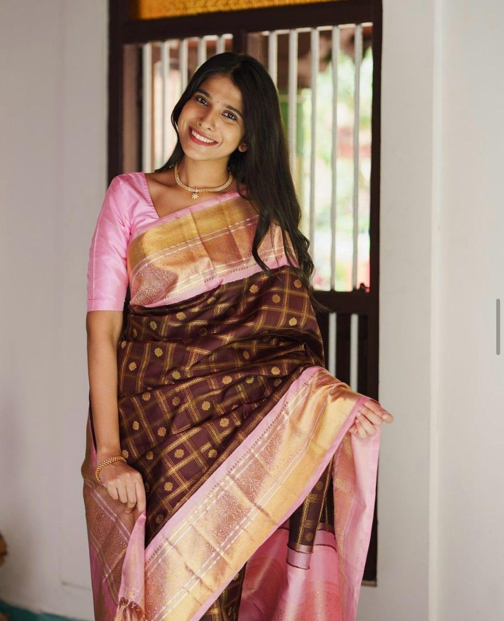 Brown Soft Silk Saree With Jubilant Blouse Piece - Ibis Fab