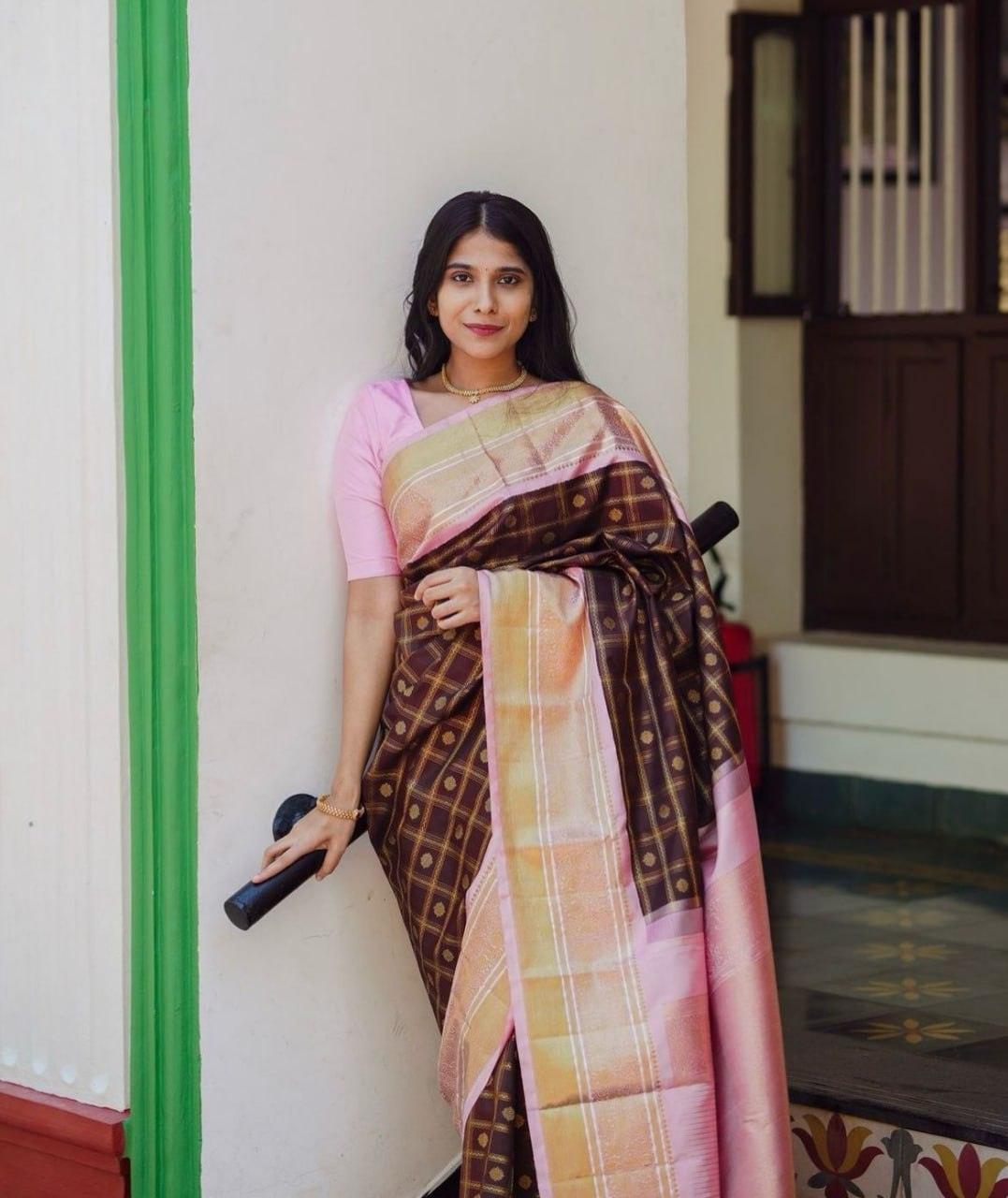 Brown Soft Silk Saree With Jubilant Blouse Piece - Ibis Fab