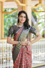 Captivating Red Colored Cotton Linen Designer Printed Saree - Ibis Fab