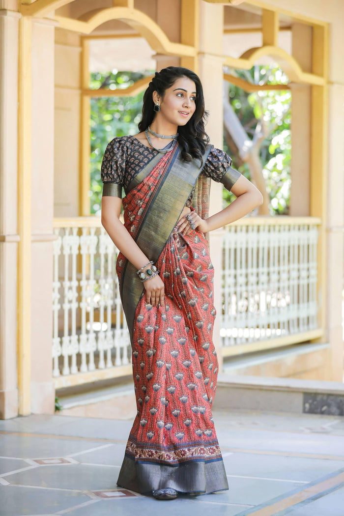 Captivating Red Colored Cotton Linen Designer Printed Saree