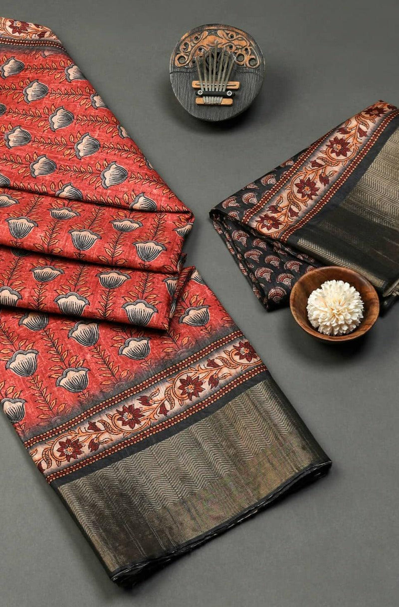 Captivating Red Colored Cotton Linen Designer Printed Saree - Ibis Fab