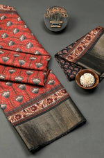 Captivating Red Colored Cotton Linen Designer Printed Saree - Ibis Fab