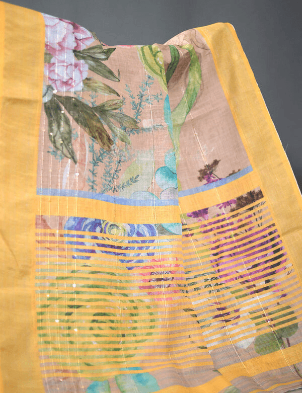 Charming Beige Colored Cotton Linen Designer Printed Saree