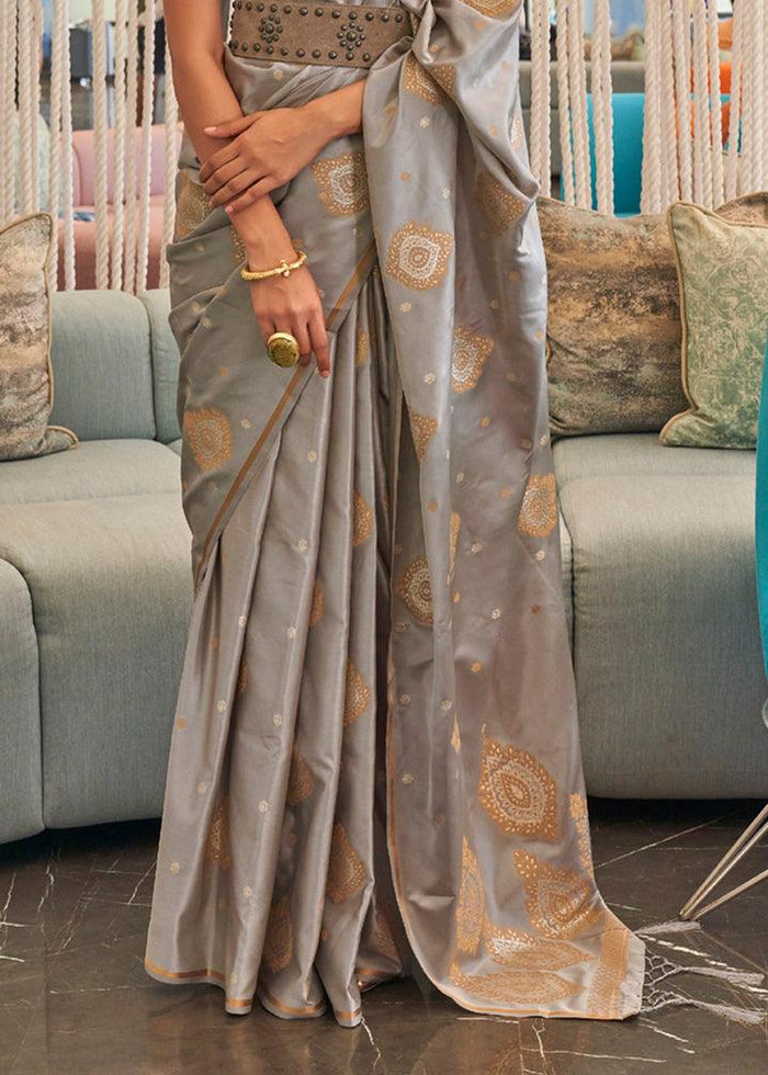 Charming Gray Colored Printed Pure Soft Silk Saree