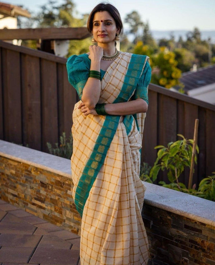 Cream Chex Banarasi Soft Silk Saree