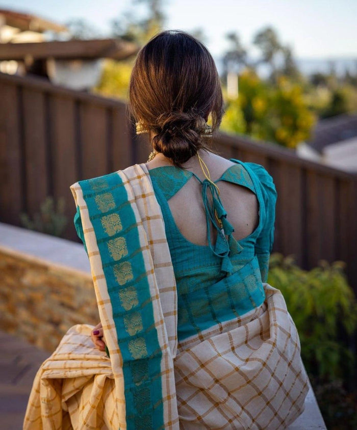 Cream Chex Banarasi Soft Silk Saree
