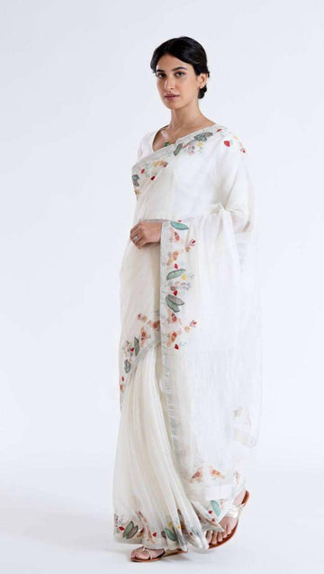 Daily Wear Digital Printed Linen Latest White Saree