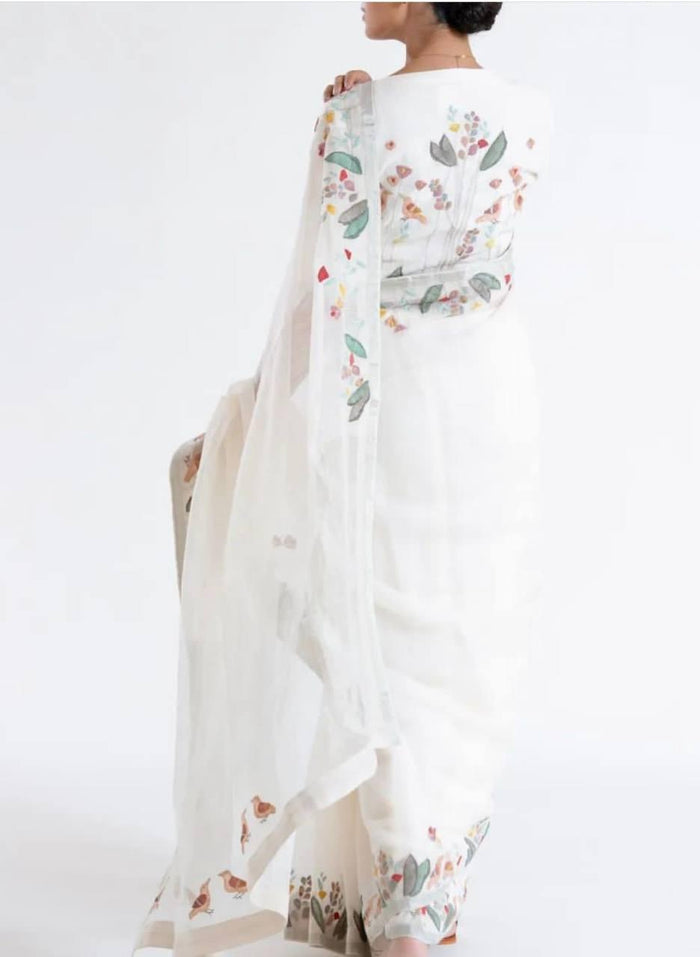 Daily Wear Digital Printed Linen Latest White Saree