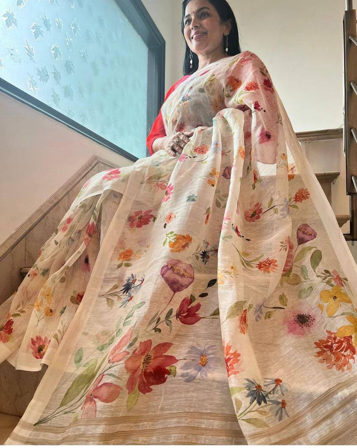 Daily Wear Digital Printed Linen Latest White Saree