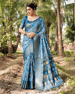 Dazzling Blue Colored Jacquard Silk Saree With Zari Border Blouse - Ibis Fab
