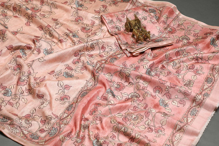 Delightful Peach Colored Cotton Linen Designer Printed Saree