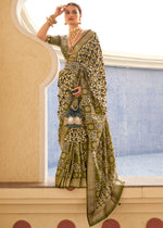 Demanding White And Mehendi Green Colored Printed Pure Soft Silk Saree - Ibis Fab