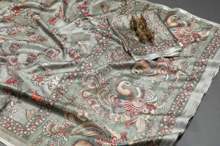 Desirable Gray Colored Cotton Linen Designer Printed Saree