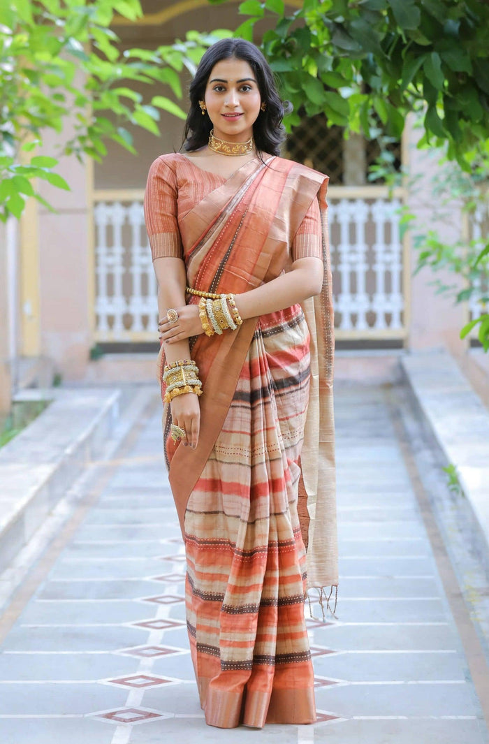 Desiring Orange Colored Cotton Linen Designer Printed Saree