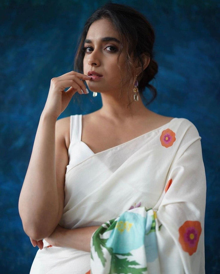 Digital Printed Linen Saree with Floral Print Pattern