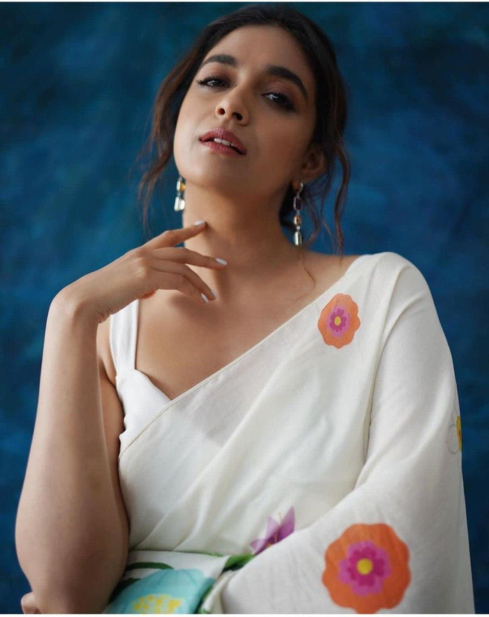 Digital Printed Linen Saree with Floral Print Pattern