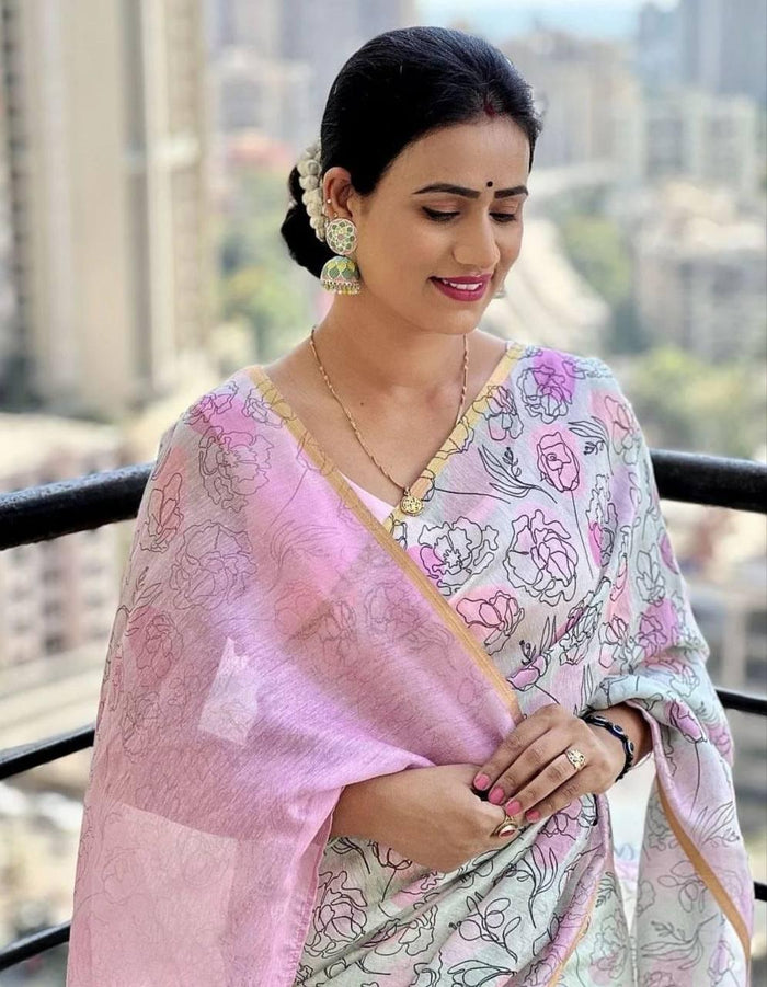 Digital Printed white And Pink Party Wear Linen Saree