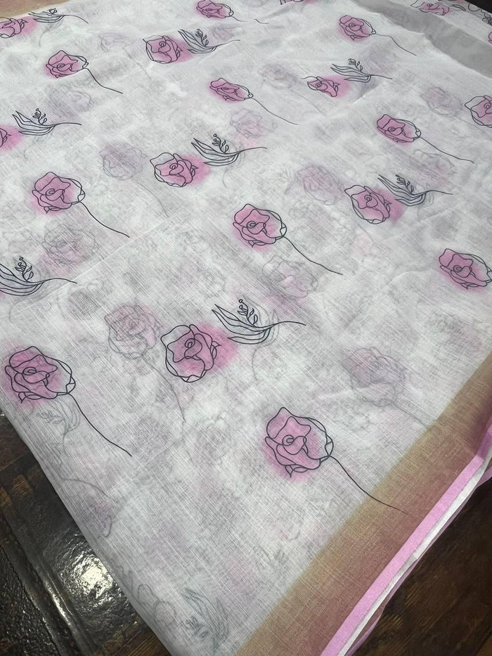 Digital Printed white And Pink Party Wear Linen Saree