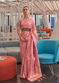 Elegant Baby Pink Colored Printed Pure Soft Silk Saree