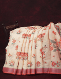 Elegant Peach Colored Cotton Linen Designer Printed Saree