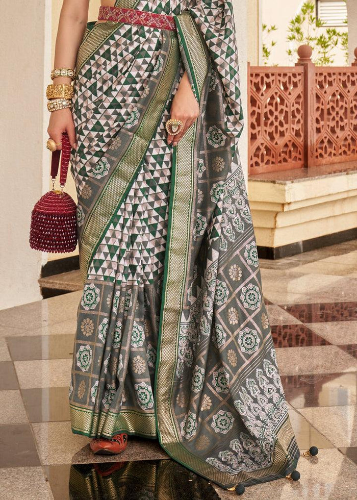 Entrancing White And Green Colored Printed Pure Soft Silk Saree