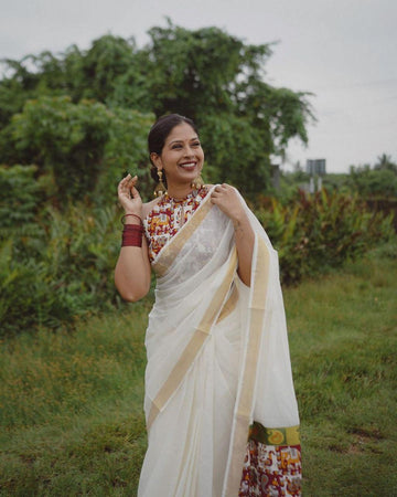 estival Saree in White Soft Linen Silk With Wooven Pallu and Blouse