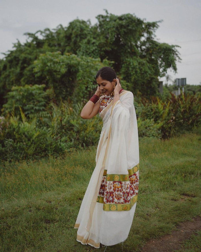 estival Saree in White Soft Linen Silk With Wooven Pallu and Blouse