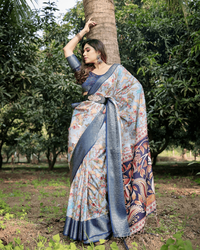 Exceptional Sky Blue Colored Jacquard Silk Saree With Zari Border Blouse
