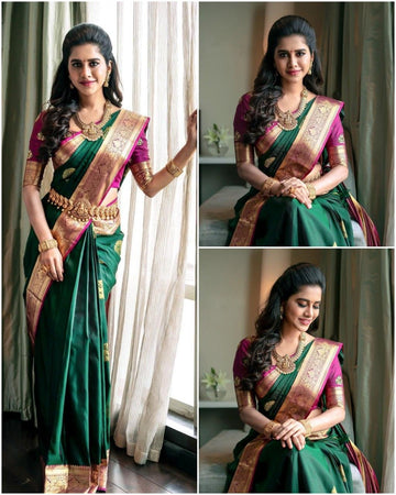 Extravagant green soft silk saree with a classy blouse piece