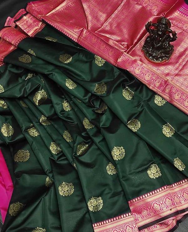 Extravagant green soft silk saree with a classy blouse piece - Ibis Fab