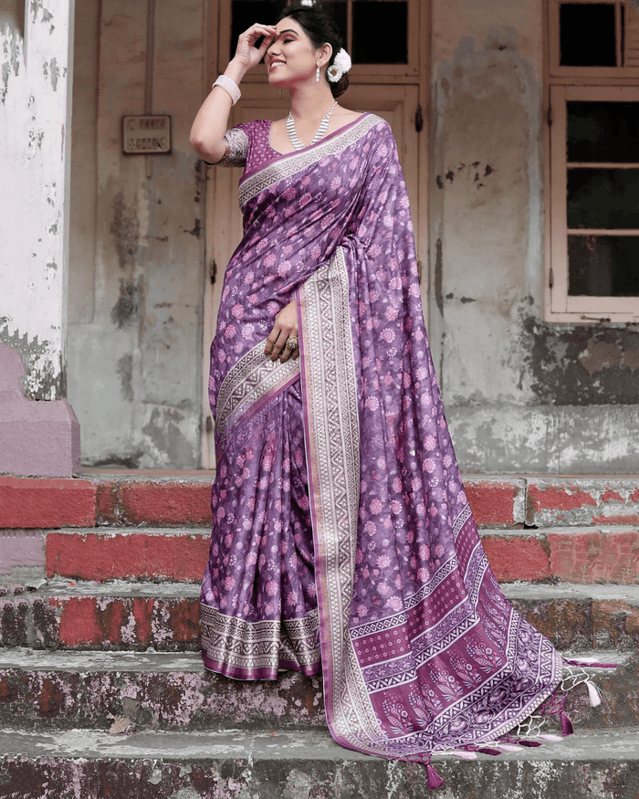 Eye-catching Purple Colored Jacquard Silk Saree