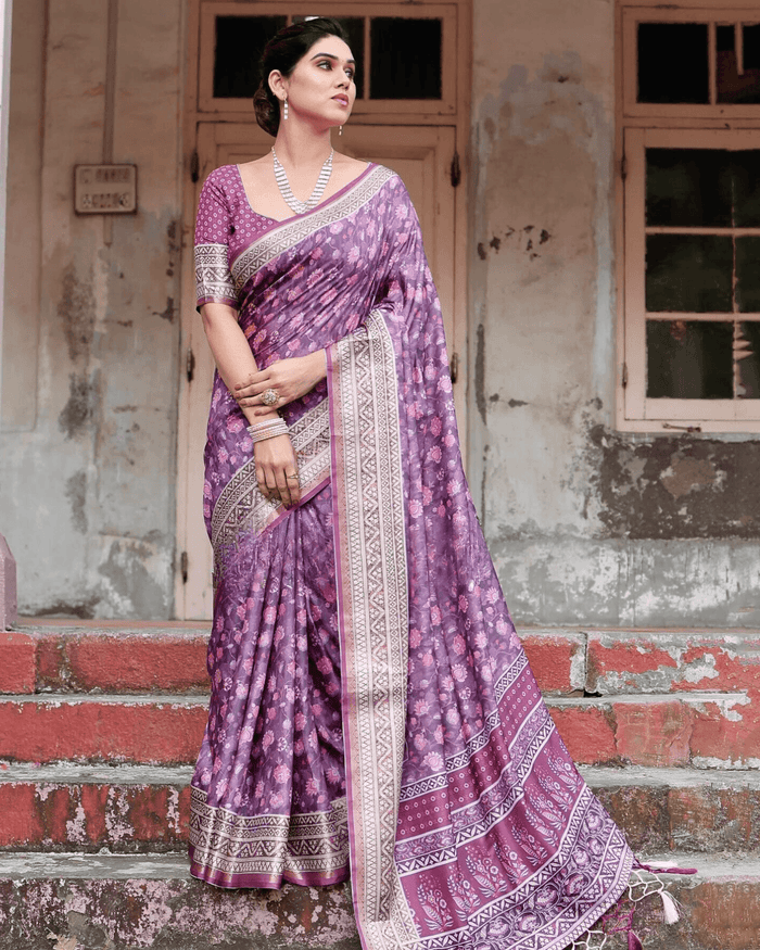 Eye-catching Purple Colored Jacquard Silk Saree