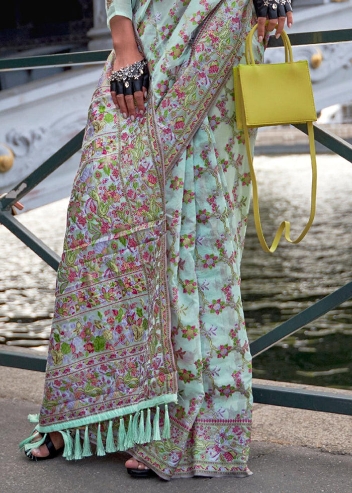 Eye-catching Sky Blue Colored Printed Pure Soft Silk Saree