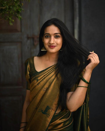 fabulous Dark Green Jacquard Soft Lichi Silk Saree