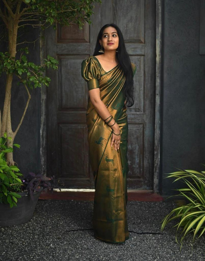 fabulous Dark Green Jacquard Soft Lichi Silk Saree