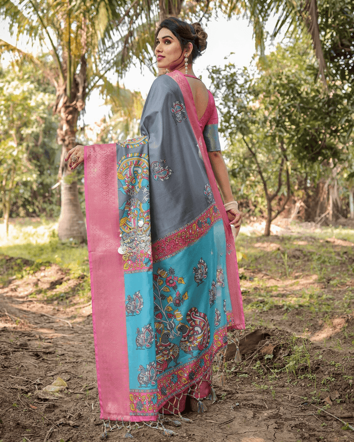 Flaunt Gray Colored Jacquard Silk Saree With Zari Border Blouse