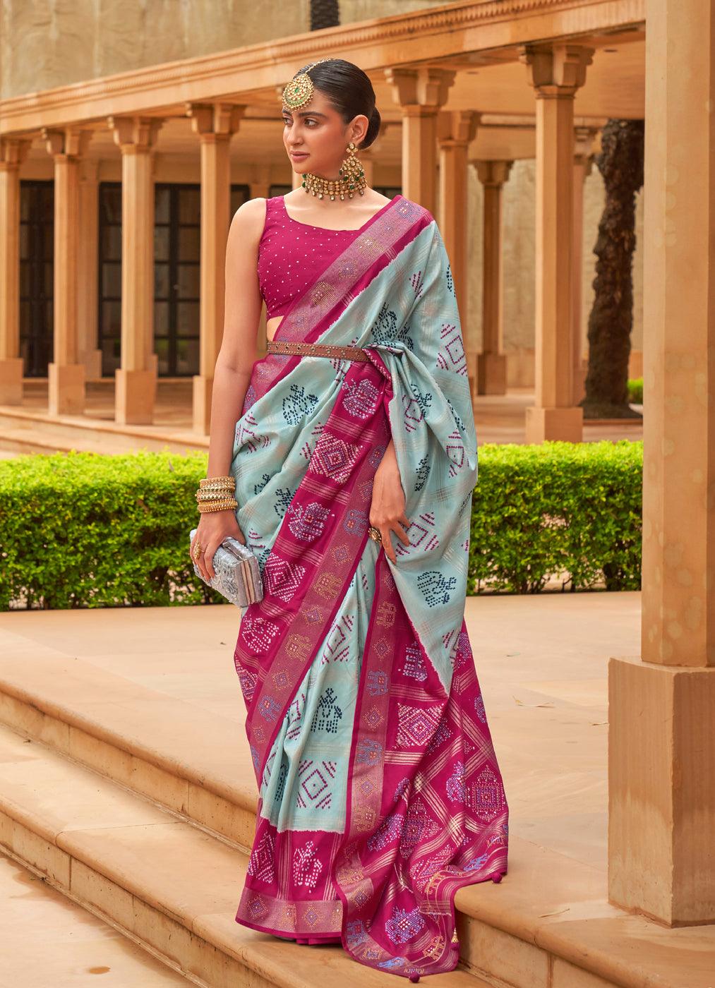 Flaunt Sky Blue And Pink Colored Printed Pure Soft Silk Saree - Ibis Fab