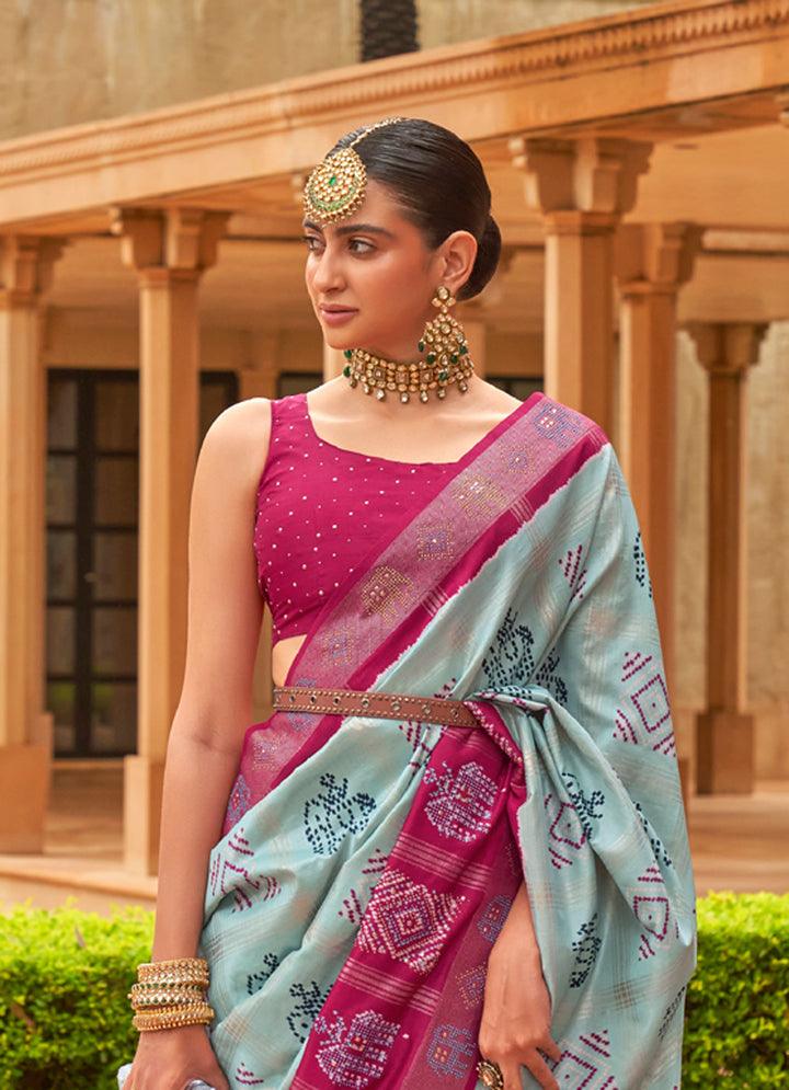 Flaunt Sky Blue And Pink Colored Printed Pure Soft Silk Saree - Ibis Fab