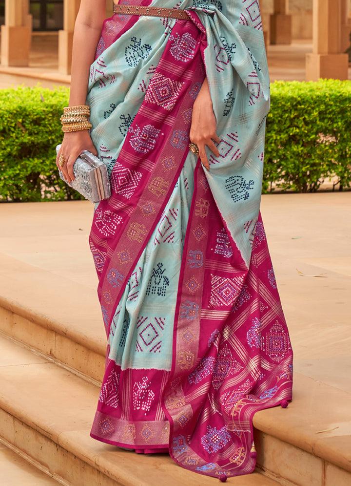 Flaunt Sky Blue And Pink Colored Printed Pure Soft Silk Saree - Ibis Fab