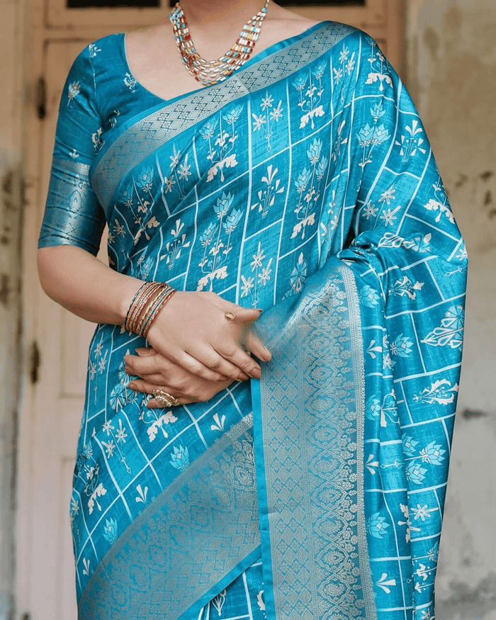 Flaunt Sky Blue Color Jacquard Silk Saree