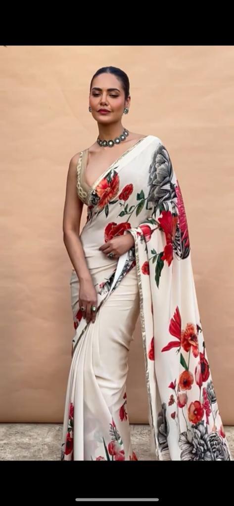 Function Wear White Digital Printed Saree With Blouse
