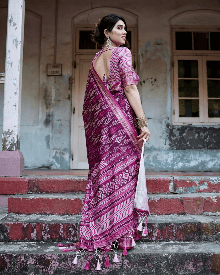 Glossy Dark Pink Colored Jacquard Silk Saree