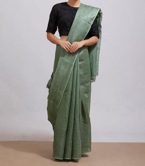 Green Colour Women's Plain Linen Saree With Casual wear - Ibis Fab