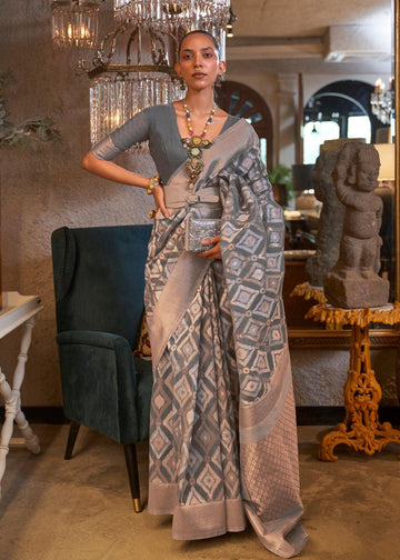 Grey Pure Linen Woven Saree