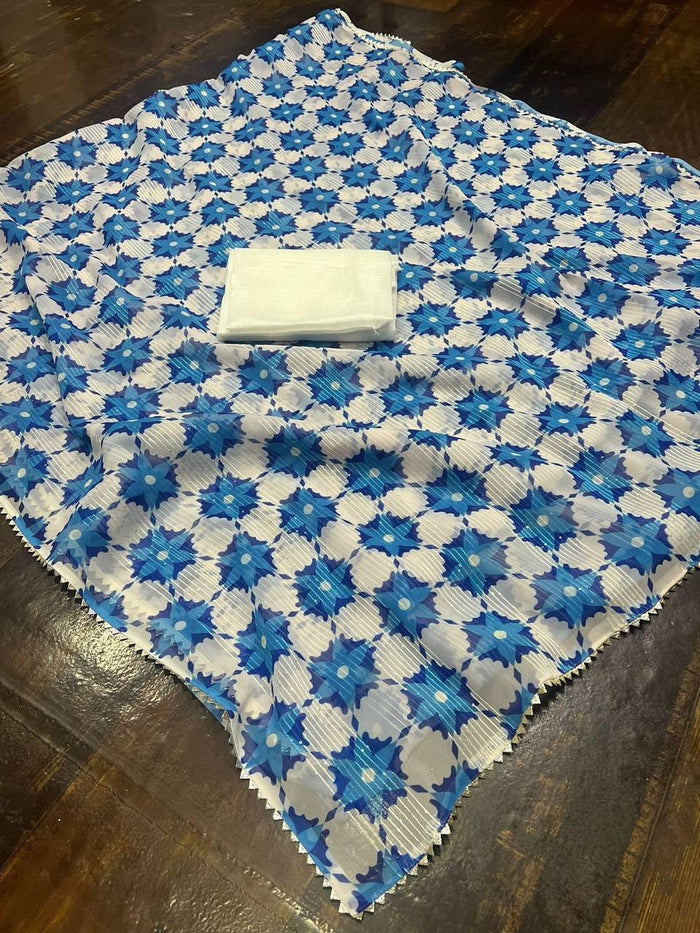 Ibisfab White & Blue Linen Saree